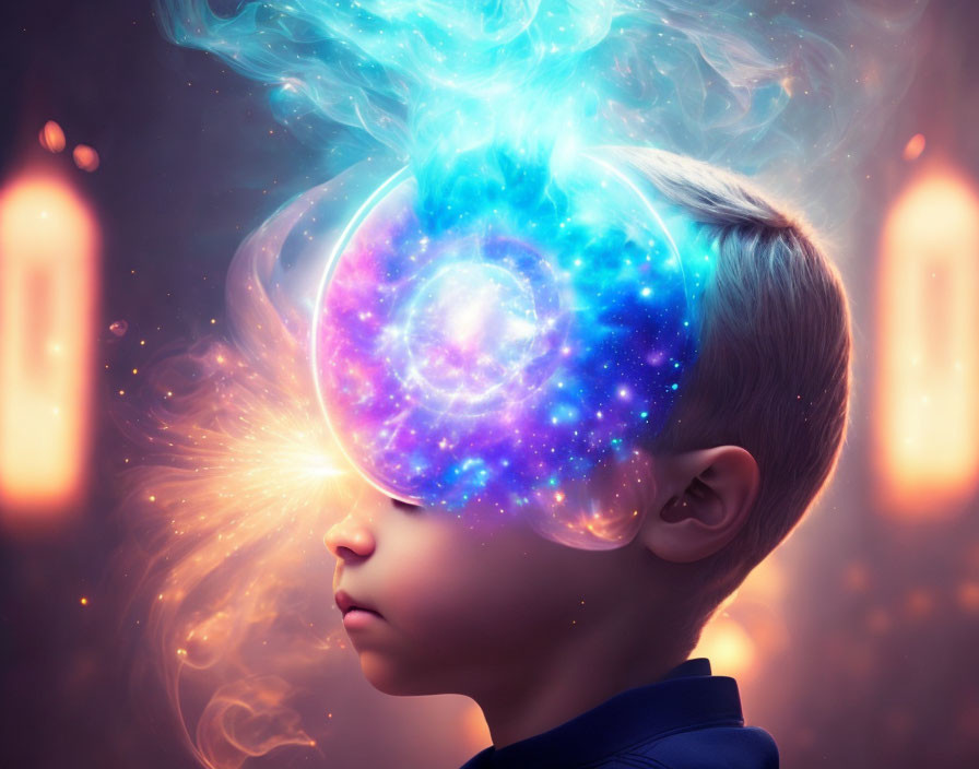 Young boy with galaxy bursting from mind against moody backdrop