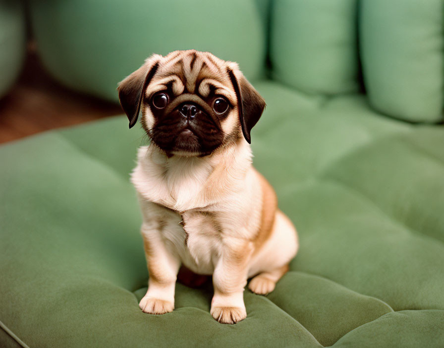 Adorable Pug Puppy on Green Couch with Puzzled Expression