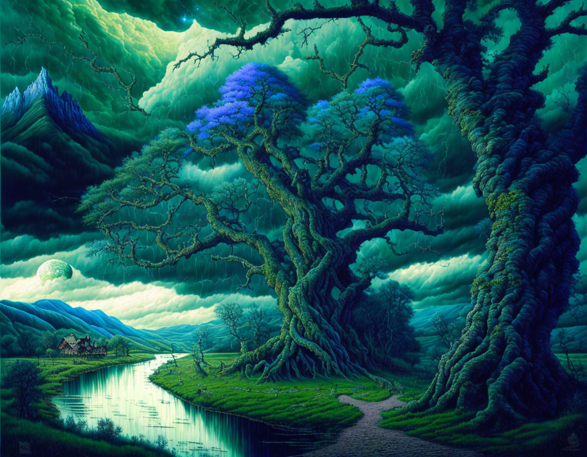 Majestic twisted tree in fantastical landscape with serene river