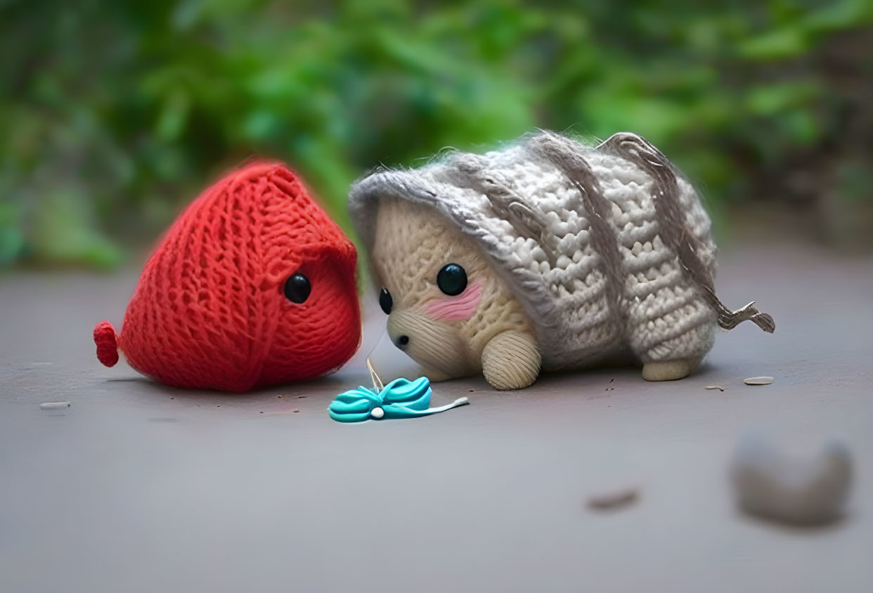 Knitted Toy Hedgehog and Red Fruit-Like Item with Small Blue Object on Blurred Background