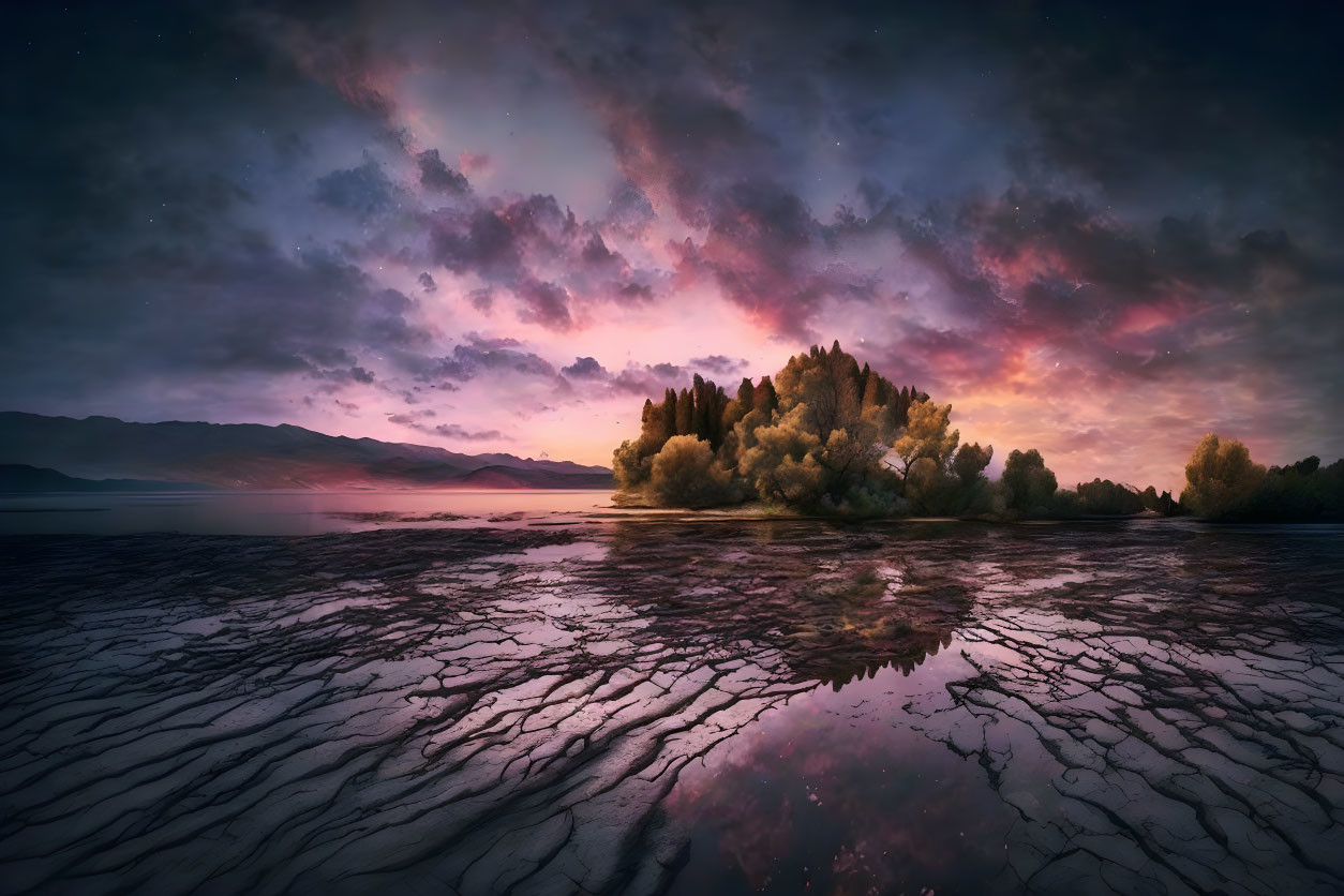 Tranquil lake scene with island, purple sunset sky, tree reflections, and cracked land.