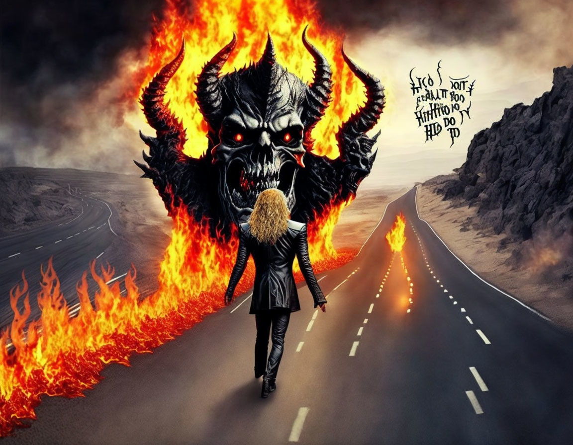 Blonde person walking away from fiery demon with wings