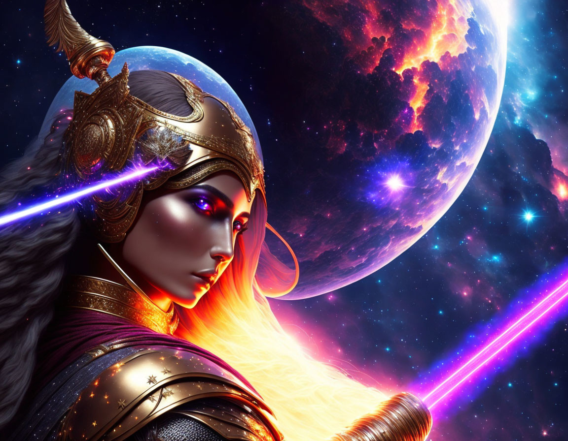 Female warrior in glowing armor against cosmic background