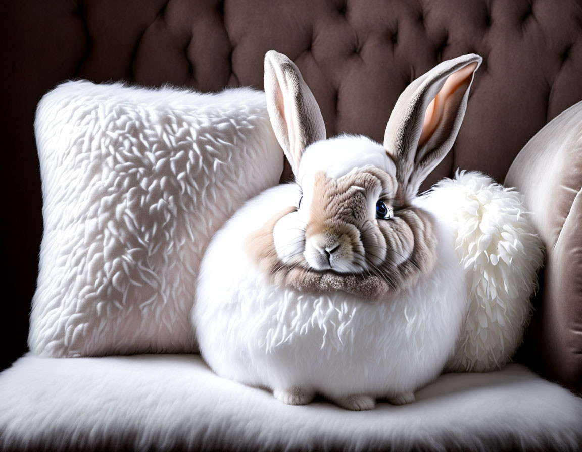 Realistic Rabbit Toy with Large Ears and Blue Eyes on Cozy Couch