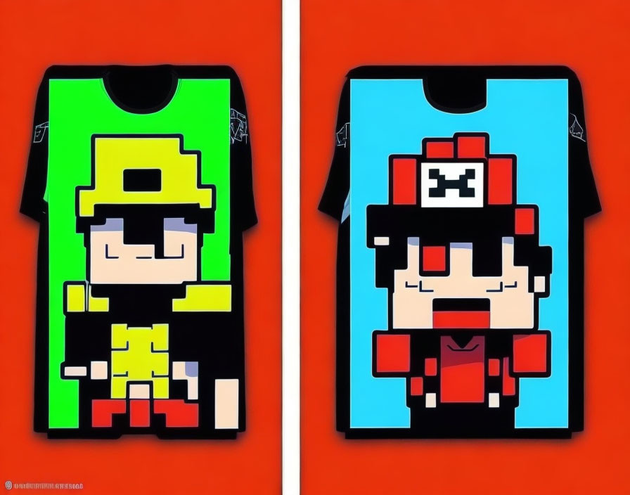 Pixel Art Character Designs on Two T-Shirts - Green-Yellow and Blue-Red with Hat Details