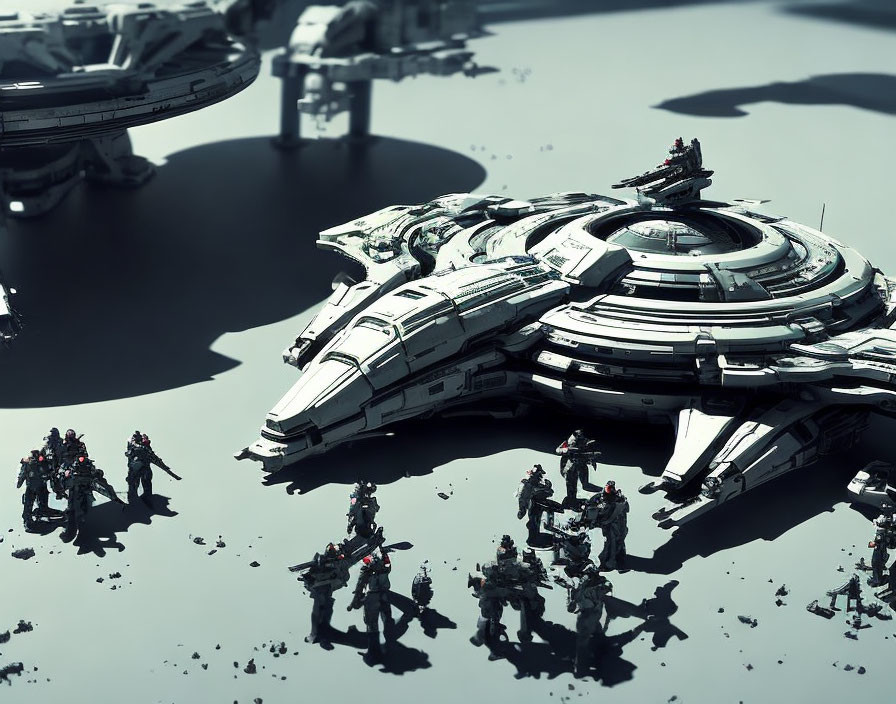 Futuristic spaceship with mechs and armed figures on metallic surface