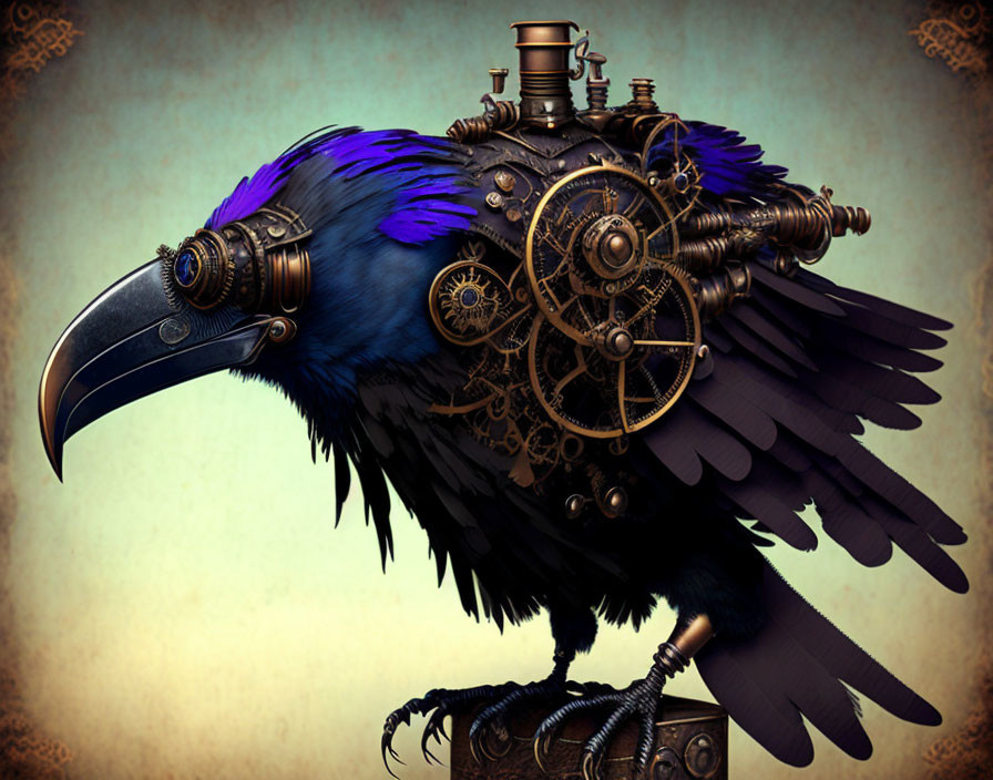 Steampunk-style mechanical raven with gears and metalwork on vintage background