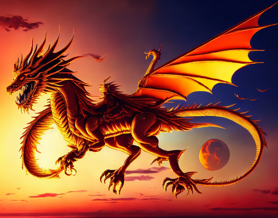 Majestic dragon with outstretched wings at sunset sky