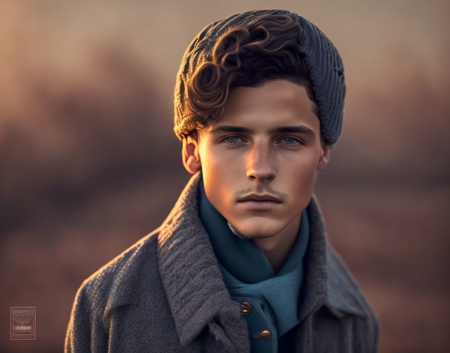 Person with blue eyes and curly hair in knitted hat and wool coat against autumn backdrop.