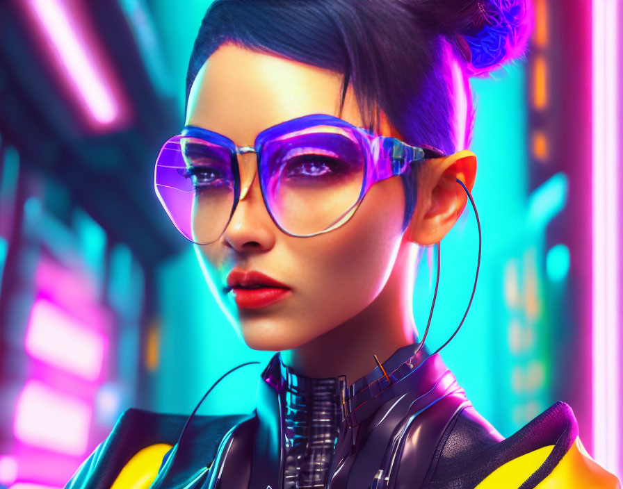 Fashionable woman in futuristic attire under neon lights