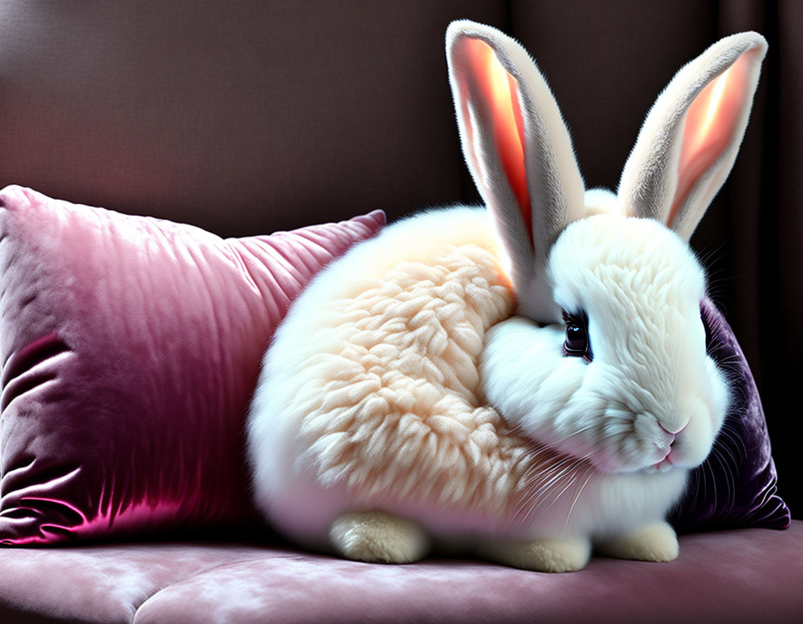 Fluffy white rabbit with luminous ears on purple cushion and sofa