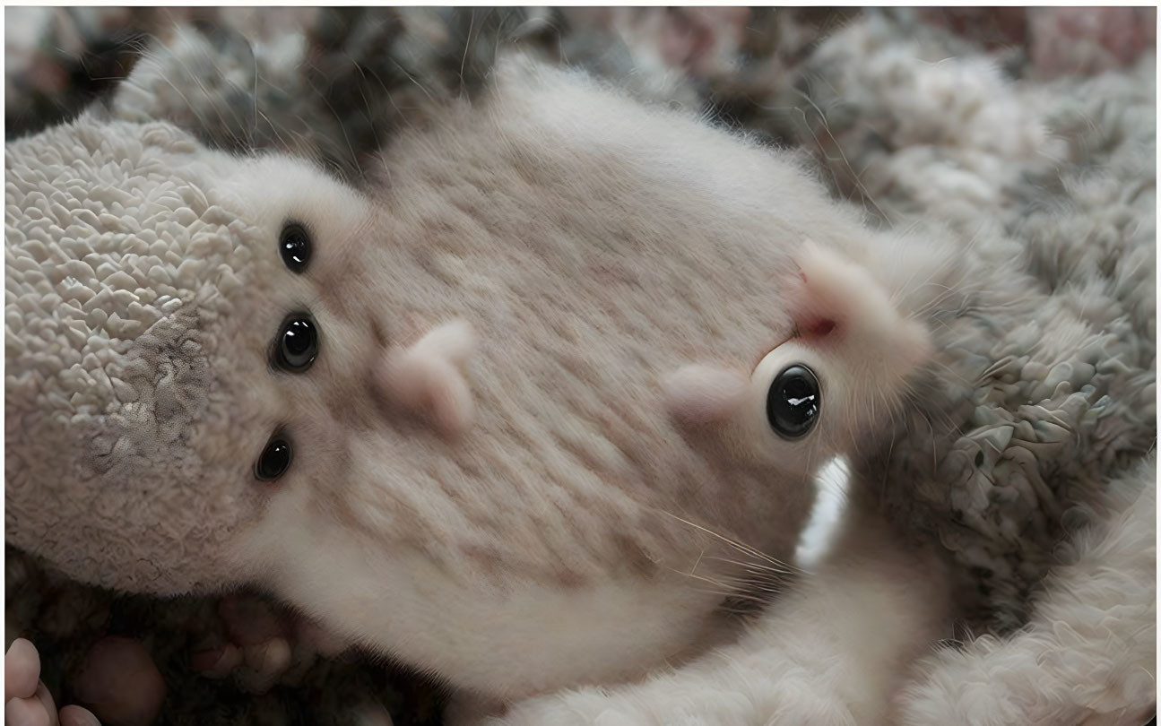 Fluffy light-beige kitten with black eyes on cozy gray fabric