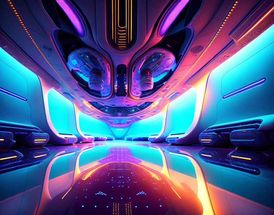 Futuristic Spaceship Corridor with Neon Lights and Advanced Technology Panels