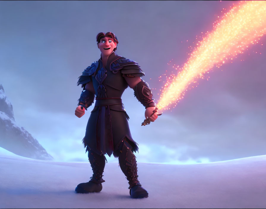 Animated character in medieval attire with glowing staff on icy background