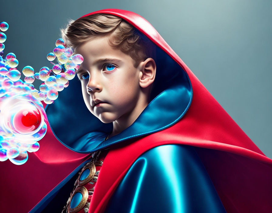 Young boy in red and blue cape with stylized hair and glowing bubbles.