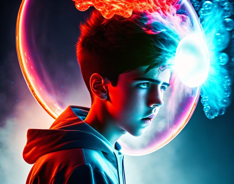 Serious young boy surrounded by vibrant cosmic elements