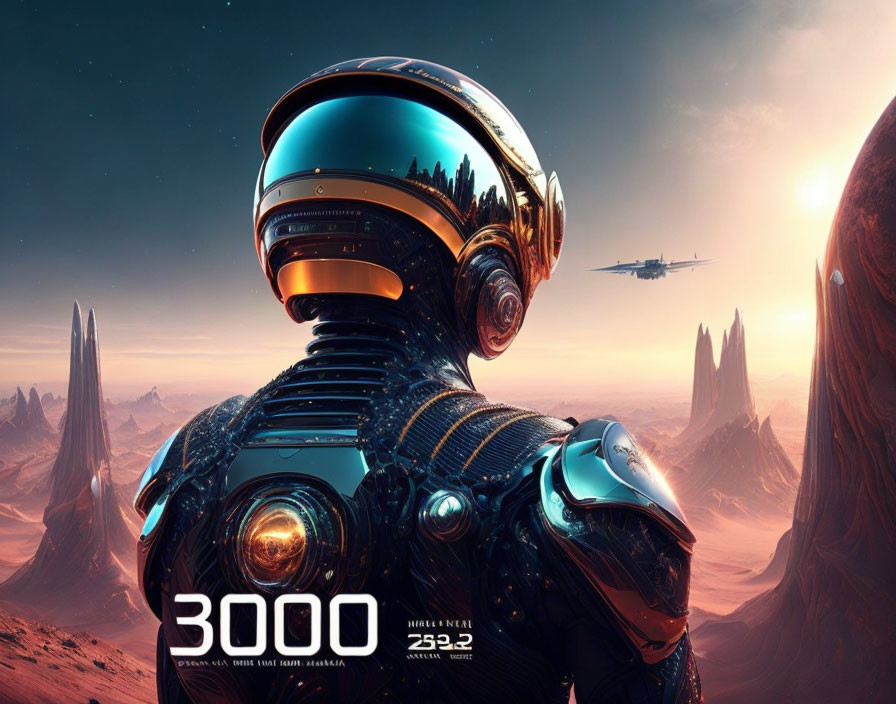 Futuristic robot with flying vehicle in rocky landscape under red sky - "3000" displayed