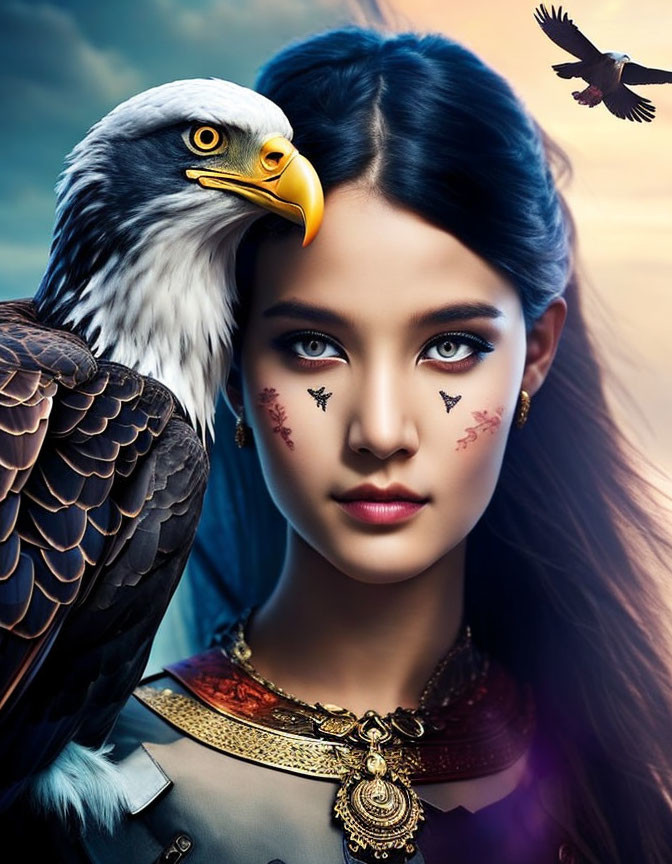 Striking woman with eagle-inspired makeup and eagle head on shoulder against sky.