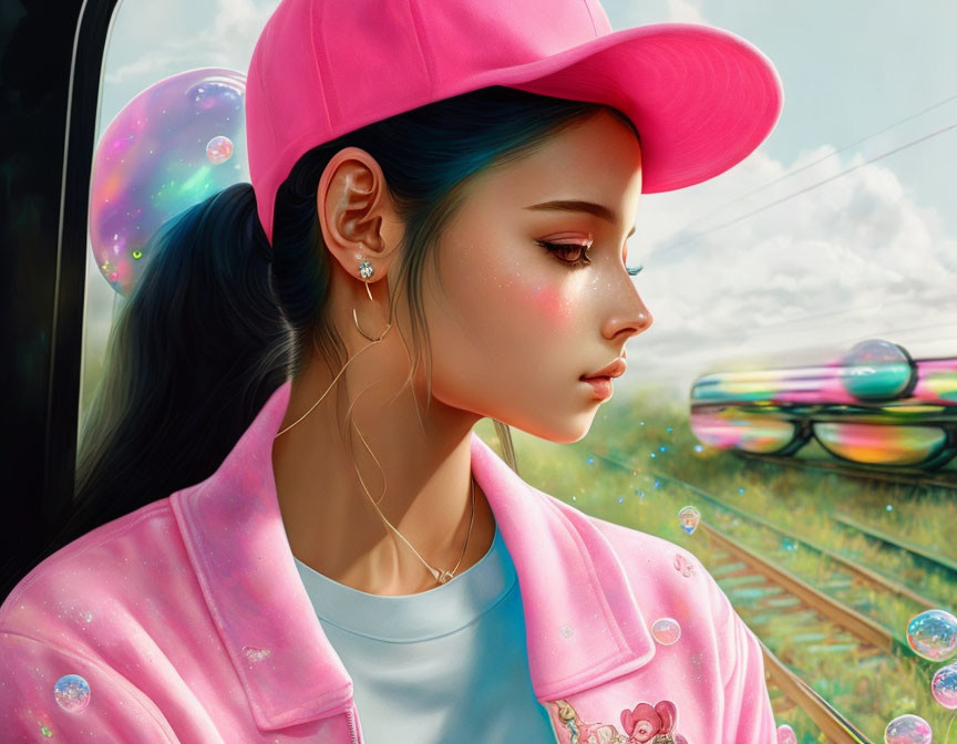 Digital artwork of young woman with glowing skin in pink cap and jacket gazing out window with bubbles and