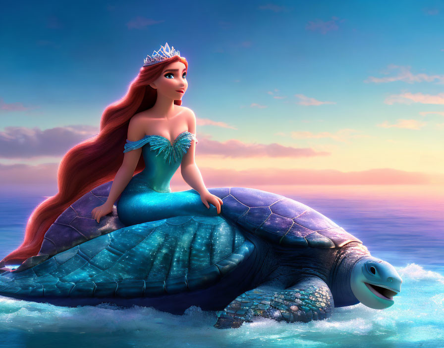 Animated princess with red hair on giant sea turtle in calm ocean at sunset