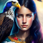 Striking woman with eagle-inspired makeup and eagle head on shoulder against sky.