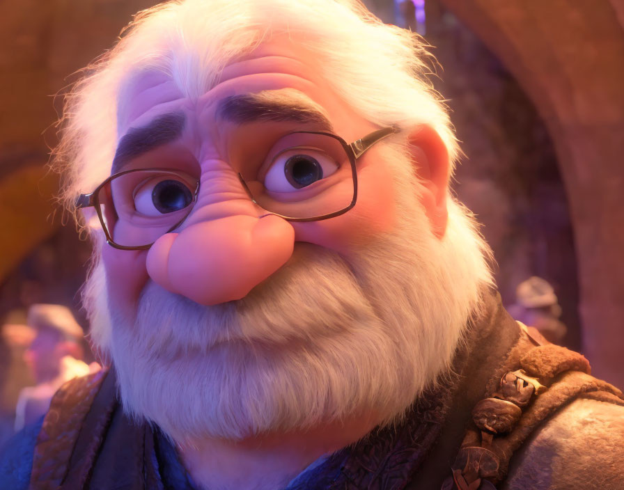 Elderly Animated Character with White Hair and Round Glasses