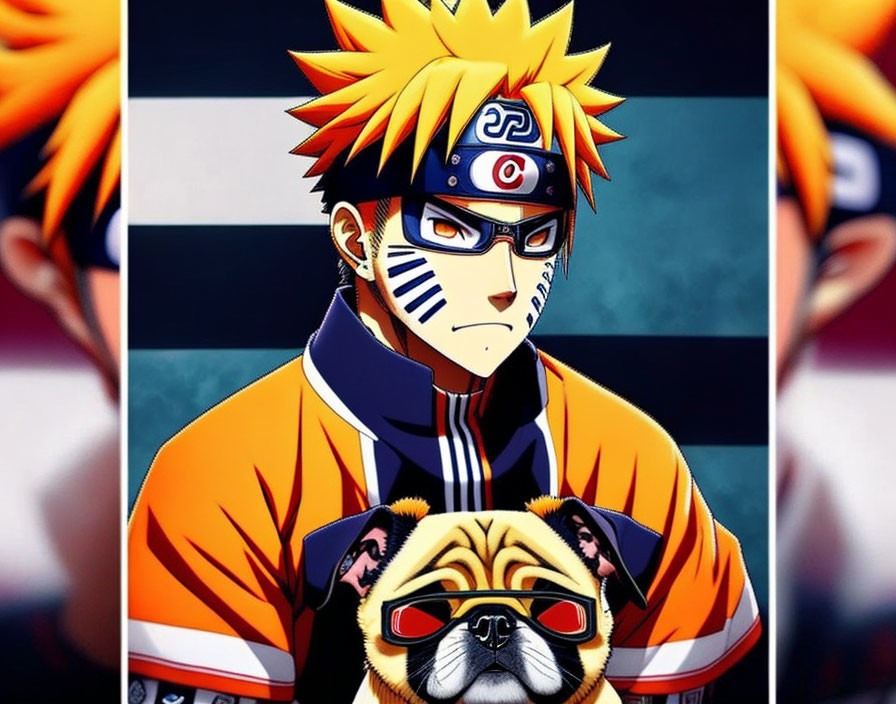 Vibrant illustration of animated character with blonde spiky hair and pug dog wearing headband