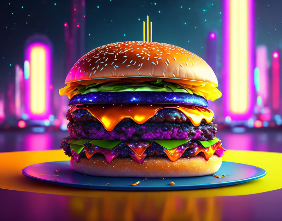 Stylized burger with melting cheese on plate against neon-lit cityscape