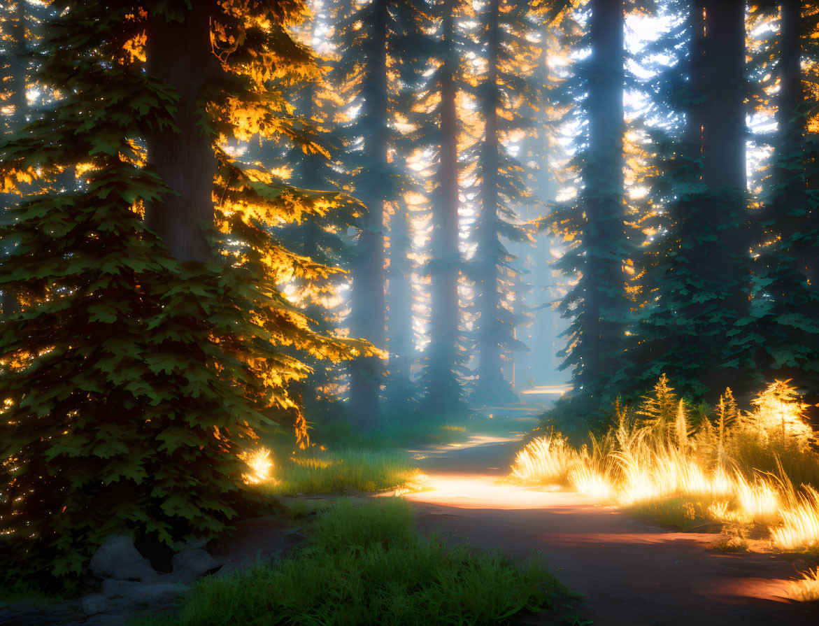 Misty forest scene with sunlight filtering through tall trees