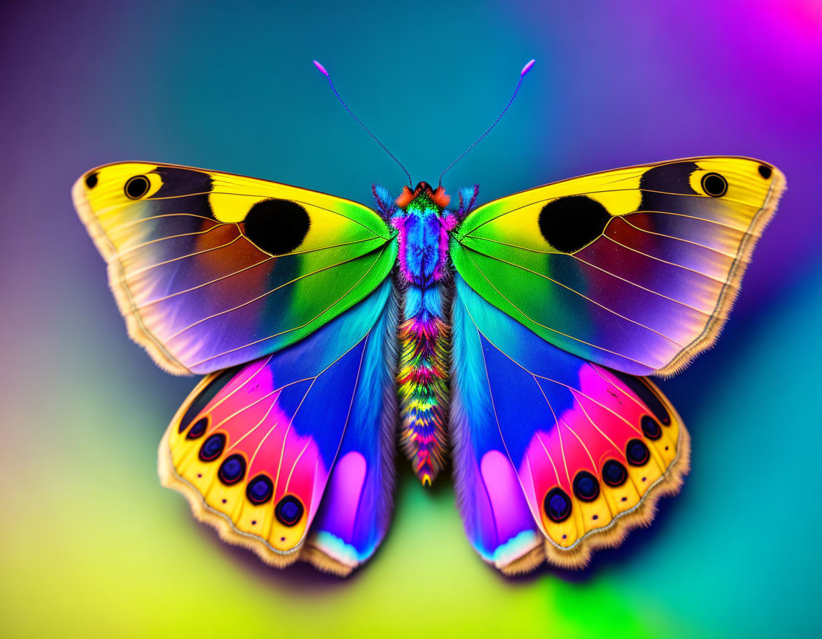 Colorful Butterfly with Intricate Wing Patterns on Rainbow Background