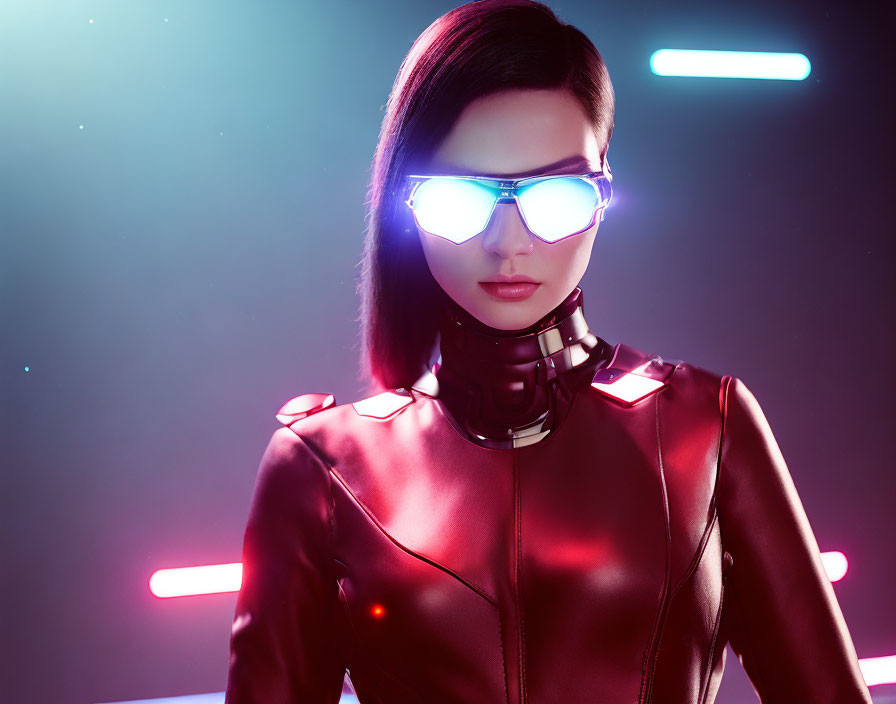 Futuristic woman with glowing glasses in red suit against neon background