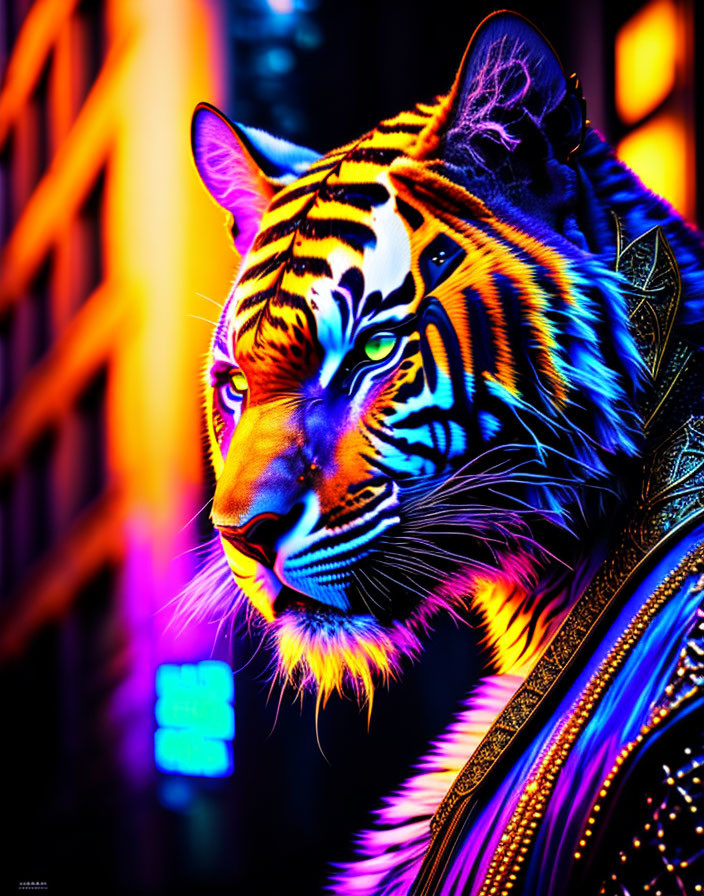 Neon-colored tiger's head on human body in futuristic setting