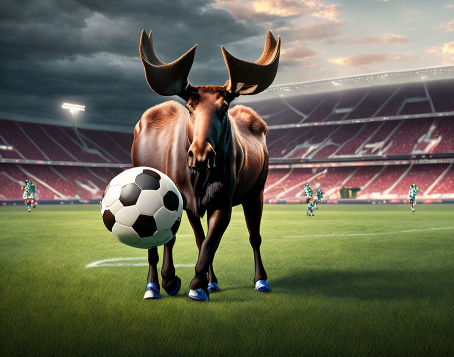 Moose in soccer cleats on field with players and stadium under dramatic sky