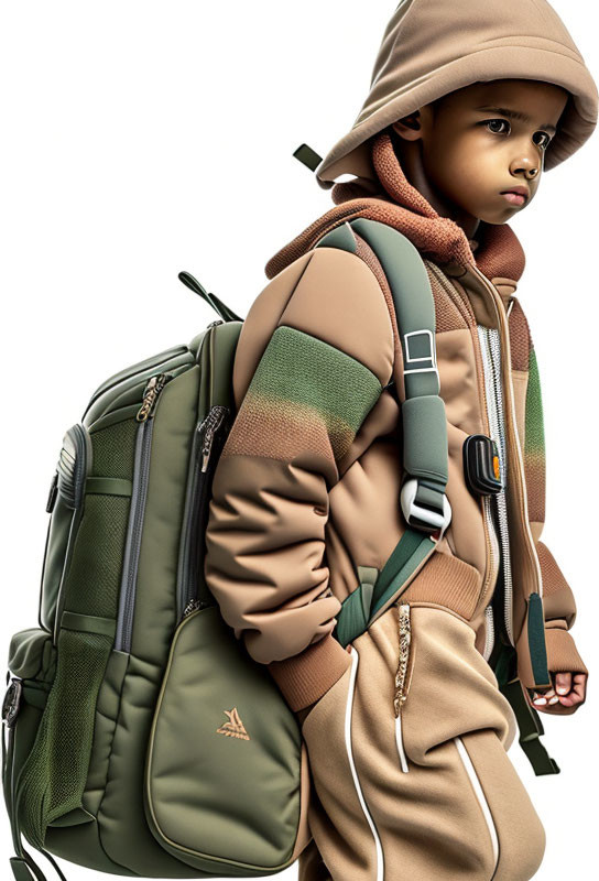 Child in Brown and Green Hoodie with Matching Backpack in Serious Pose