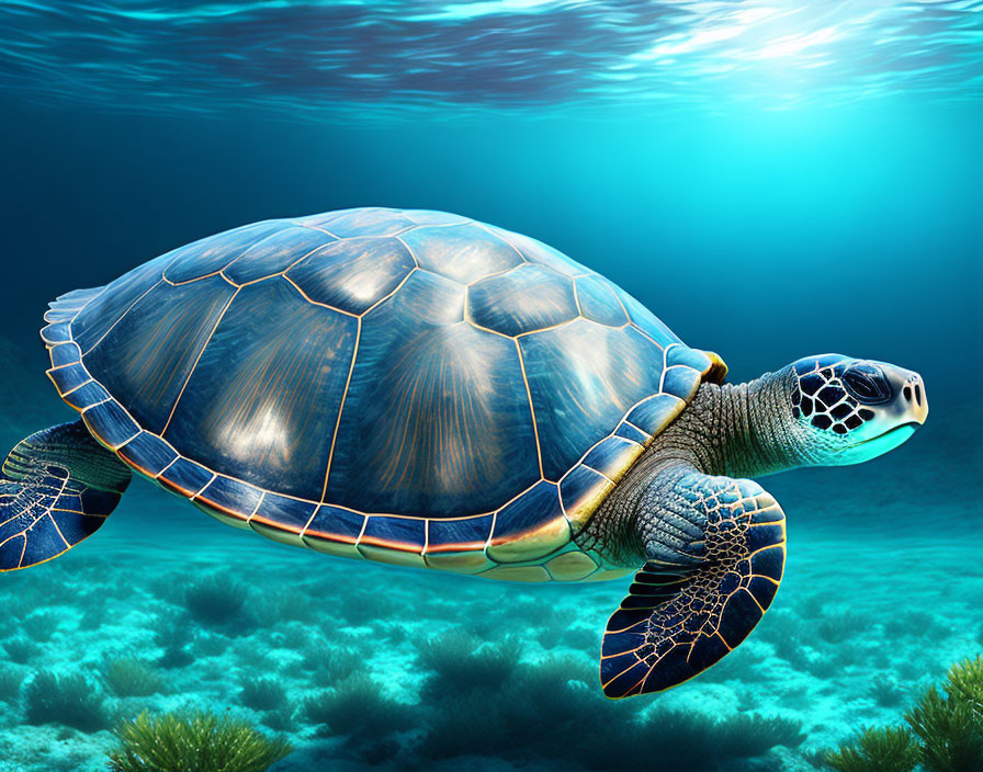 Graceful sea turtle swimming above vibrant coral reef in clear blue water