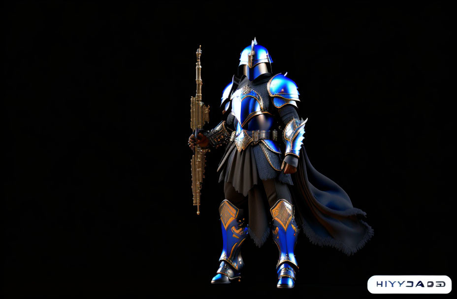 Futuristic knight in blue and silver armor with rifle on dark background