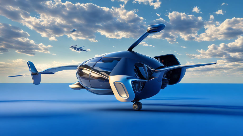 Futuristic flying cars above clouds in blue sky