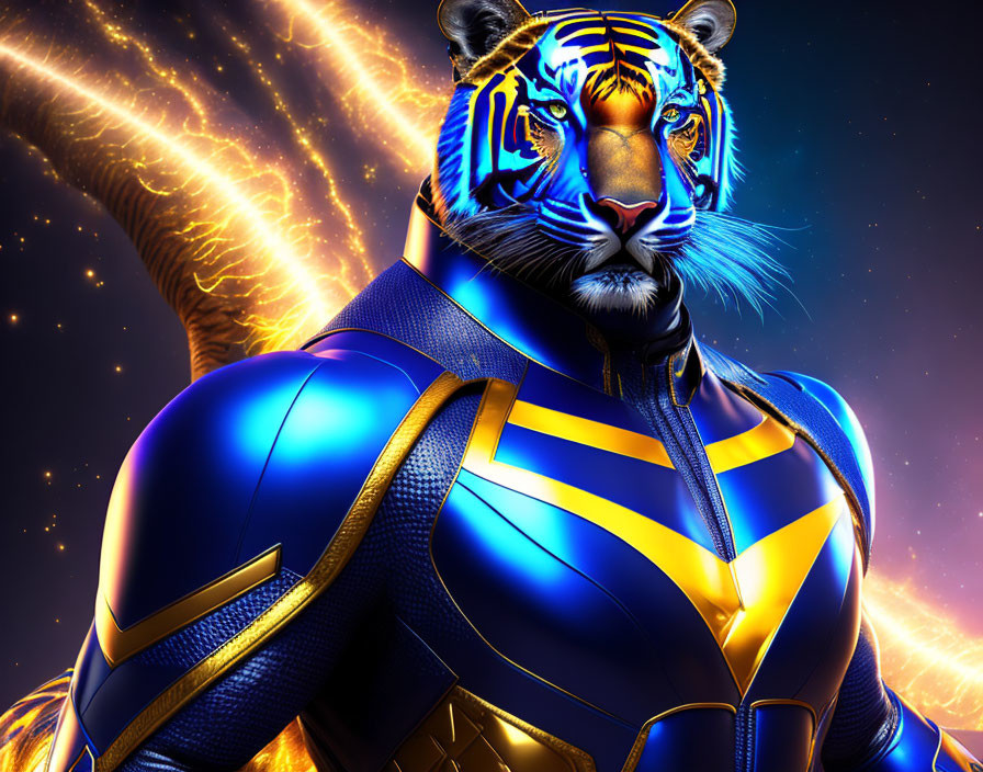 Character with Tiger Head in Blue and Gold Armor Against Cosmic Background