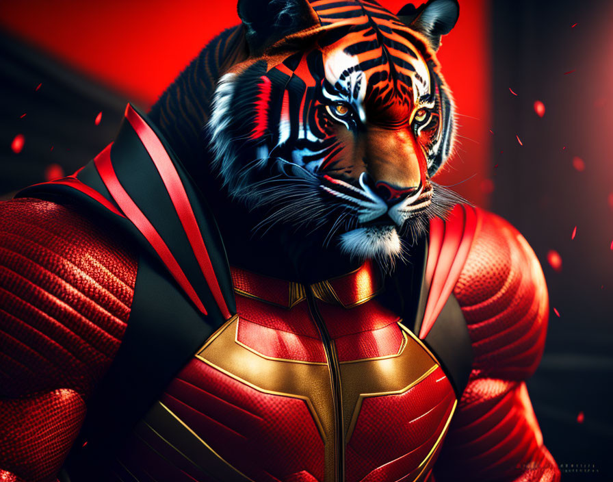 Tiger-headed humanoid in red and gold armor on fiery red background