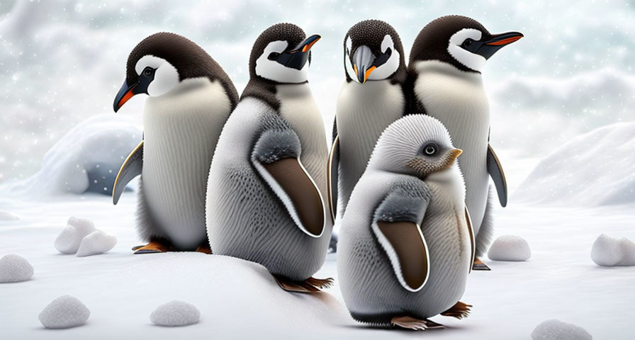 Group of animated penguins huddle in snowy landscape