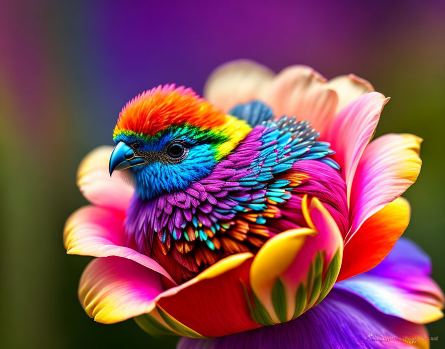 Colorful Bird with Rainbow Plumage in Multicolored Flower on Purple Background