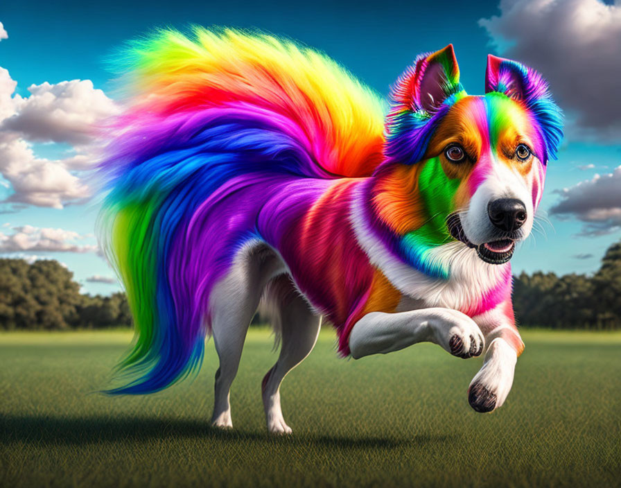 Colorful Dog Artwork Featuring Rainbow Mane Running in Field