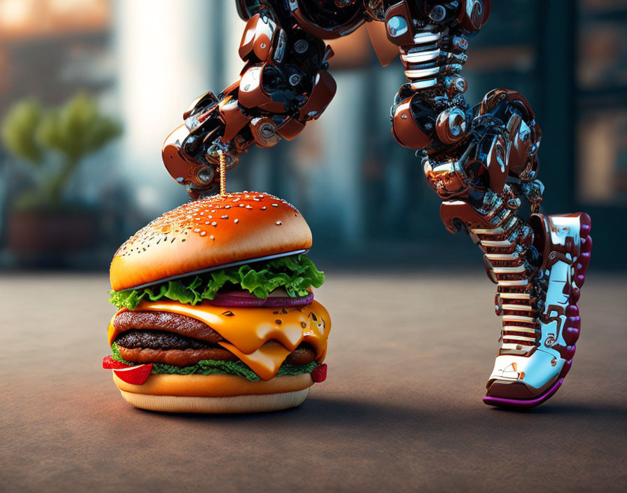 Advanced robot admiring detailed cheeseburger on tabletop