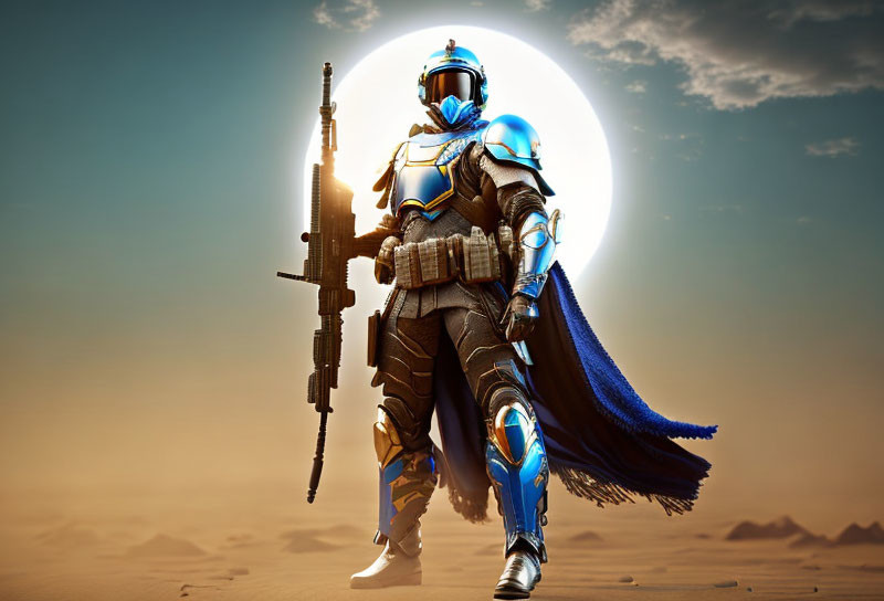 Futuristic soldier in blue and silver armor with gun at sunrise