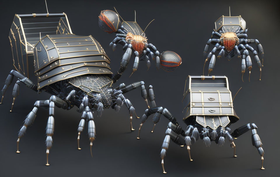 Robotic spider creatures holding treasure chests on dark backdrop