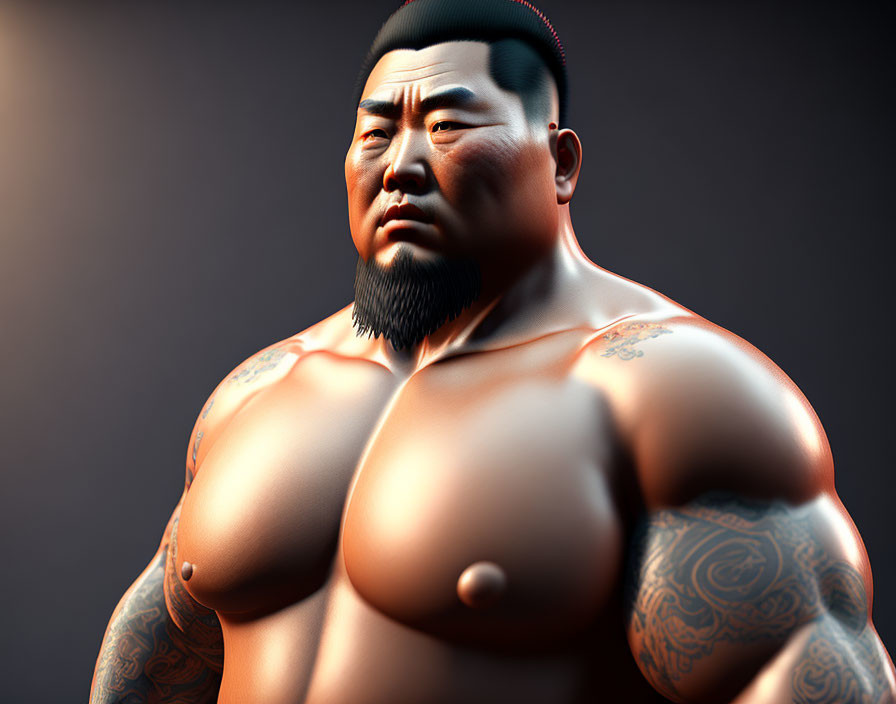 Robust, tattooed sumo wrestler in 3D against dark backdrop