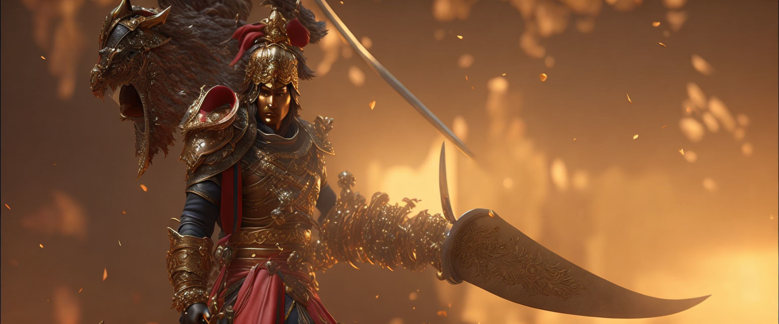 Ornate armored warrior with curved sword in fiery setting