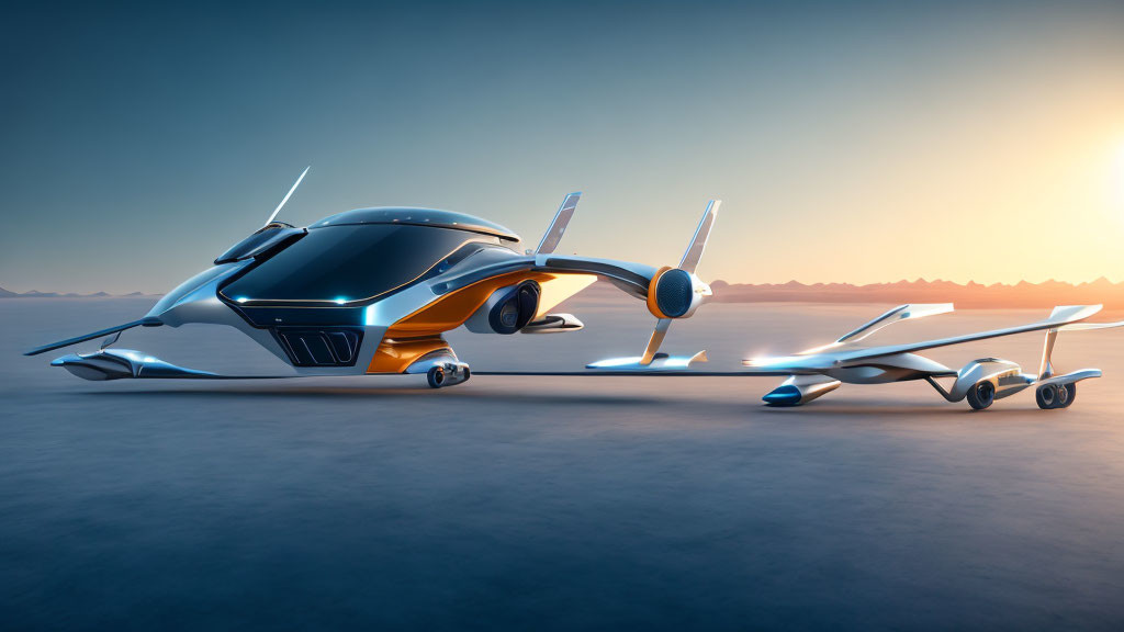 Sleek futuristic vehicle with wings on flat surface at sunset