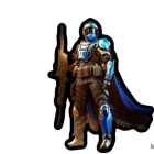 Futuristic knight in blue and silver armor with rifle on dark background