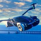 Futuristic flying cars above clouds in blue sky